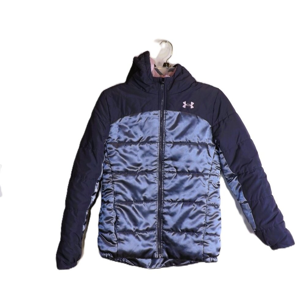Under Armour UA Puffer Jacket Coat Hooded Girls Purple Color Block YLG